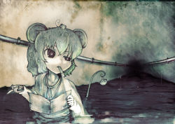 Rule 34 | 1girl, animal ears, basket, bright pupils, capelet, female focus, flashlight, grey hair, in water, jewelry, koohee, mouse (animal), mouse ears, mouse tail, mouth hold, nazrin, necklace, paper, red eyes, short hair, solo, squinting, sweatdrop, tail, torch, touhou, tunnel, wading, water, water drop, white pupils
