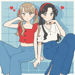 Rule 34 | 2girls, :o, arm up, bare arms, black hair, blonde hair, blue background, blue pants, blush, buttons, closed mouth, collarbone, commentary, crop top, cropped shirt, denim, dot nose, drop shadow, expressionless, feet out of frame, frilled shirt, frills, grey eyes, grid, grid background, hair ribbon, hairband, hand in own hair, hand to own mouth, hand up, heart, highres, jeans, knees up, long hair, looking at another, looking at viewer, midriff, multiple girls, nahara saki, navel, open mouth, original, pants, red hairband, red ribbon, red shirt, ribbon, shirt, short sleeves, sitting, sleeveless, sleeveless shirt, twintails, white shirt