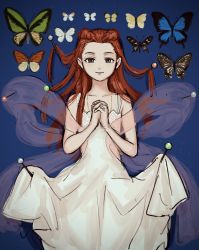 Rule 34 | 1girl, ace attorney, braid, bug, butterfly, dahlia hawthorne, dress, grey eyes, highres, insect, long hair, looking at viewer, needle, own hands clasped, own hands together, pinned, red hair, renshu usodayo, sleeveless, smile, solo, white dress