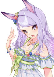 Rule 34 | 1girl, absurdres, animal ears, bare shoulders, blush, bow, bracelet, breasts, commentary request, dress, ear ornament, flower, frilled dress, frills, green bow, highres, horse ears, horse girl, jewelry, kurokawa heuy, long hair, looking at viewer, mejiro mcqueen (ripple fairlady) (umamusume), mejiro mcqueen (umamusume), necklace, official alternate costume, open mouth, purple eyes, purple hair, simple background, small breasts, solo, sunflower, umamusume, upper body, white background