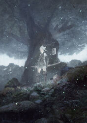 Rule 34 | 1boy, absurdres, blush, book, boots, floating, floating book, floating object, forest, full body, gloves, grimoire weiss, highres, key visual, male focus, nature, nier (series), nier (young), official art, outdoors, profile, promotional art, rock, rounin (amuza), sheath, sheathed, shorts, signature, solo, sword, third-party source, tree, weapon, white hair