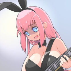 Rule 34 | 1girl, @ @, black leotard, blue eyes, bocchi the rock!, bow, bowtie, breasts, cleavage, commentary, detached collar, electric guitar, gotoh hitori, guitar, instrument, large breasts, leotard, nervous smile, open mouth, pink hair, playboy bunny, shirogane hakuba, smile, solo, upper body, wrist cuffs