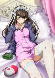 Rule 34 | 00s, 1girl, bed, brown hair, cardigan, female focus, fishnet thighhighs, fishnets, hairband, ikkitousen, ikkitousen: bakunyuu souhaden, lace, lace-trimmed legwear, lace trim, long hair, looking at viewer, lying, nurse, official art, on back, on bed, open clothes, pillow, smile, solo, ten&#039;i (ikkitousen), thighhighs, white thighhighs, zettai ryouiki, zipper