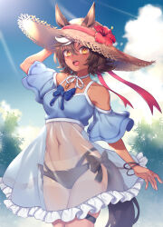 1girl animal_ears bikini bikini_bottom_only black_bikini black_bow blue_bow blue_dress bow breasts brown_hair cloud collarbone commission dark-skinned_female dark_skin dress ears_through_headwear flower hair_between_eyes hat hat_flower highres horse_ears horse_girl horse_tail indie_virtual_youtuber multicolored_hair open_mouth pink_flower see-through_clothes see-through_dress short_hair skeb_commission sky solo sun_hat sundress swimsuit tail thigh_strap tomobe_kinuko tomoe_umari tomoe_umari_(summer) two-tone_hair virtual_youtuber white_hair yellow_eyes