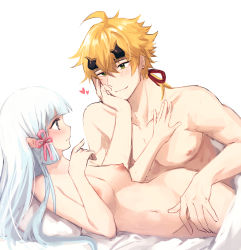Rule 34 | 1boy, 1girl, ayaka (genshin impact), ayaka (user vumz4832), bad id, bad pixiv id, bed sheet, blonde hair, blue eyes, blunt bangs, blush, breasts, completely nude, eye contact, genshin impact, green eyes, hair down, hair ribbon, hand on another&#039;s chest, headband, heart, hetero, highres, hime cut, looking at another, medium breasts, navel, nipples, nude, ribbon, sidelocks, simple background, thoma (genshin impact), white background, white hair