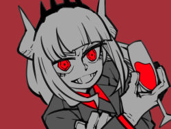 Rule 34 | 1girl, alcohol, blood, collared shirt, cup, demon girl, demon horns, drinking glass, formal, gloves, grin, happy, helltaker, horns, limited palette, long hair, looking at viewer, lucifer (helltaker), mole, mole under eye, necktie, red background, red eyes, red shirt, ringed eyes, shirt, simple background, smile, solo, suit, upper body, user wwpr3278, white hair, white horns, wine, wine glass