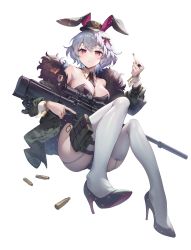 Rule 34 | 1girl, absurdres, ai arctic warfare, animal ears, ass, bare shoulders, belt pouch, black footwear, black nails, bolt action, bow, breasts, bullet, cleavage, closed mouth, commentary request, detached collar, expressionless, fake animal ears, full body, fur trim, garter straps, gomashio ponz, green jacket, gun, hair bow, hat, high heels, highleg, highleg leotard, highres, holding, holding gun, holding weapon, jacket, jewelry, large breasts, leotard, long sleeves, looking at viewer, middle finger, mini hat, nail polish, necktie, off shoulder, open clothes, open jacket, original, playboy bunny, pouch, profanity, rabbit ears, red eyes, rifle, ring, scope, short hair, short necktie, simple background, sniper rifle, solo, tactical playboy bunny, thigh strap, thighhighs, thighs, trigger discipline, weapon, white background, white hair, white thighhighs, wrist cuffs