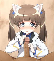 Rule 34 | 10s, 1boy, 1girl, animal ears, blue eyes, blush, brave witches, brown hair, censored, georgette lemare, hair ornament, hiraga daidai, penis, ribbon, strike witches, twintails, world witches series