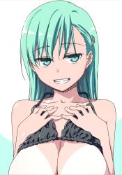 Rule 34 | 10s, 1girl, bare shoulders, bikini, bikini top lift, unworn bikini top, black bikini, breasts, breasts out, clothes lift, green hair, grin, hair ornament, hairclip, himura kiseki, kantai collection, large breasts, long hair, looking at viewer, naughty face, out-of-frame censoring, simple background, smile, solo, suzuya (kancolle), swimsuit, tan, tanline, upper body