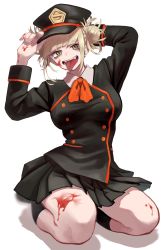 Rule 34 | 1girl, absurdres, blonde hair, blood, blood on face, blood on hands, blood on leg, blunt bangs, boku no hero academia, breasts, commentary request, double bun, fangs, full body, hair bun, hat, highres, kneeling, large breasts, long sleeves, looking at viewer, muna natana5, open mouth, school uniform, simple background, skirt, solo, teeth, toga himiko, tongue, tongue out, white background, yellow eyes