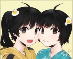 Rule 34 | 2girls, :d, absurdres, ahoge, aqua kimono, araragi karen, araragi tsukihi, artist name, black hair, brown eyes, close-up, closed mouth, commentary, egg hair ornament, english commentary, food-themed hair ornament, fried egg, hair between eyes, hair ornament, heads together, highres, jacket, japanese clothes, kimono, light smile, long hair, monogatari (series), multiple girls, open mouth, piancaesar, portrait, short hair, siblings, side ponytail, signature, simple background, sisters, smile, striped clothes, striped jacket, track jacket, yellow background, yellow jacket