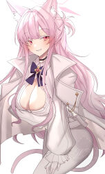 Rule 34 | 1girl, absurdres, akira (blue archive), animal ears, blue archive, bow, bowtie, breasts, cleavage, commentary request, grin, half updo, highres, jacket, large breasts, leggings, long hair, long sleeves, looking at viewer, open clothes, open jacket, pants, pink eyes, pink hair, purple bow, purple bowtie, smile, solo, very long hair, weyas kayur, white jacket, white pants