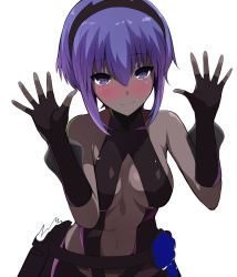 Rule 34 | 1girl, bare shoulders, belt, black gloves, black hairband, blush, breasts, center opening, cleavage, closed mouth, dark-skinned female, dark skin, elbow gloves, fate/prototype, fate/prototype: fragments of blue and silver, fate (series), fingerless gloves, gloves, hair between eyes, hairband, hassan of serenity (fate), highres, looking at viewer, medium breasts, navel, nose blush, purple eyes, purple hair, shimejinameko, short hair, sidelocks, simple background, smile, solo, spread fingers, stomach, tsurime, upper body, waist cape, white background