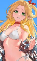 Rule 34 | 1girl, bikini, blonde hair, blue robe, braid, bright pupils, choker, dungeon meshi, elf, green eyes, hair ribbon, hair rings, hashtag-only commentary, highres, long hair, looking at viewer, marcille donato, navel, open clothes, open robe, parted lips, pointy ears, red choker, red ribbon, ribbon, robe, serpent (pepepp39), side-tie bikini bottom, solo, swimsuit, upper body, white bikini, white pupils