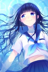 Rule 34 | 1girl, aqua neckerchief, black hair, blue eyes, blue neckerchief, blue sailor collar, blue skirt, blunt bangs, blush, breasts, closed mouth, collarbone, commentary request, highres, hime cut, hina (hinalovesugita), long hair, looking away, lying, lying on water, neckerchief, on back, original, partially submerged, pleated skirt, sailor collar, school uniform, serafuku, shirt, short sleeves, skirt, smile, solo, water, white shirt