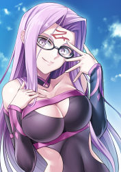 Rule 34 | 1girl, adapted costume, bare shoulders, black-framed eyewear, black choker, black detached sleeves, black dress, blue sky, breasts, choker, cleavage, cleavage cutout, closed mouth, clothing cutout, cloud, collarbone, commentary request, day, detached sleeves, dress, facial mark, fate/stay night, fate (series), female focus, forehead mark, glasses, hand on own chest, hand up, head tilt, highres, imada kozue, large breasts, light purple hair, lips, long hair, looking at viewer, medusa (fate), medusa (rider) (fate), medusa (rider) (third ascension) (fate), neck, purple eyes, revealing clothes, sidelocks, sky, smile, solo, square pupils, strapless, strapless dress, type-moon, upper body, very long hair