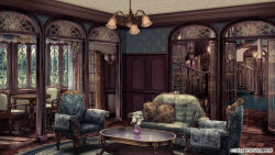Rule 34 | arch, armchair, bookshelf, bungou to alchemist, chair, chandelier, copyright notice, couch, curtains, cushion, day, door, floral print, flower, fringe trim, glass door, indoors, no humans, official art, rose, rug, scenery, stained glass, stairs, table, tree, vase, white flower, white rose, window