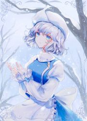 Rule 34 | 1girl, apron, arm strap, bare tree, blouse, blue bow, blue eyes, blue skirt, blue vest, bow, commentary request, frilled apron, frills, hands up, hat, highres, hourai kiriri, letty whiterock, long sleeves, mob cap, open mouth, puffy long sleeves, puffy sleeves, shirt, short hair, skirt, solo, touhou, tree, trident ornament, upper body, vest, waist apron, waist bow, white apron, white bow, white hair, white hat, white shirt, winter