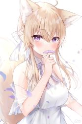 Rule 34 | 1girl, absurdres, ahoge, animal ear fluff, animal ears, bare shoulders, blonde hair, blush, bow, braid, breasts, closed mouth, commentary request, dress, fang, fang out, fox ears, fox girl, fox tail, guild cq, hair between eyes, hair bow, highres, long hair, matori kakeru, medium breasts, petals, purple eyes, rucaco, signature, sleeveless, sleeveless dress, smile, solo, tail, virtual youtuber, white background, white bow, white dress