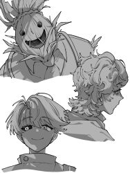 Rule 34 | 3boys, :d, click (reverse:1999), closed mouth, collared shirt, cropped head, curly hair, greyscale, highres, kaeru (uj26cobrsv), male focus, mismatched sclera, monochrome, multiple boys, necktie, open mouth, parted bangs, portrait, profile, rabies (reverse:1999), reverse:1999, scarecrow, shirt, short hair, smile, straight-on, x (reverse:1999)