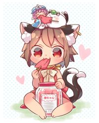 Rule 34 | 2girls, :3, animal ear fluff, animal ears, barefoot, blue headwear, blue kimono, blush, bow, bowtie, brown hair, cat ears, cat tail, chen, chibi, commentary request, dotted background, dress, earrings, eating, food, food in mouth, hat, heart, highres, holding, holding food, ibaraki natou, japanese clothes, jar, jewelry, kimono, long sleeves, looking at viewer, mini person, minigirl, mob cap, mochen, multiple girls, nekomata, no headwear, on head, person on head, pink hair, popsicle, popsicle in mouth, popsicle stick, red eyes, saigyouji yuyuko, short hair, simple background, single earring, sitting, sleeveless, sleeveless dress, tail, touhou, triangular headpiece, veil, white background, white bow, white bowtie, wide sleeves