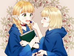 Rule 34 | 2girls, ^ ^, aged down, berry, blonde hair, blue robe, blunt bangs, blush, book, braid, brown hair, child, choker, closed eyes, crossed arms, dungeon meshi, elf, facing another, falin touden, feeding, food, hair behind ear, hair over shoulder, hand up, happy, holding, holding book, holding food, hooded robe, laughing, light brown hair, long hair, looking at another, m7lka, marcille donato, multiple girls, open mouth, pointy ears, robe, school uniform, twin braids, twintails, upper body, wreath