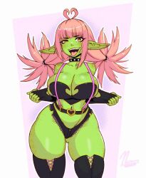 Rule 34 | 1girl, ahoge, blunt bangs, body freckles, breasts, choker, colored skin, commentary, denim, denim shorts, english commentary, female goblin, freckles, gluteal fold, goblin, green skin, large breasts, large ears, looking at viewer, matcha (noxcuro), navel, noxcuro, open mouth, original, pink hair, pointy ears, short shorts, shorts, skindentation, solo, teeth, thick thighs, thighhighs, thighs, tongue, tongue out, twintails, yellow eyes