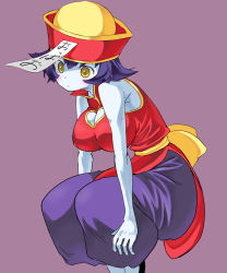 Rule 34 | 1girl, bad id, bad pixiv id, bare shoulders, blue hair, blue skin, breasts, capcom, chinese clothes, cleavage cutout, clothing cutout, colored skin, flipped hair, geung-si, hat, jiangshi, large breasts, lei lei, nekomatagi, ofuda, pants, qingdai guanmao, short hair, simple background, solo, vampire (game), yellow eyes, zombie
