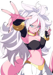 Rule 34 | 1girl, android 21, black nails, blue eyes, breasts, bright pupils, choker, cleavage, colored skin, dragon ball, dragon ball fighterz, earrings, hair between eyes, hands up, hoop earrings, ixy, jewelry, light persona, long hair, majin android 21, midriff, nail polish, navel, neck ring, pink skin, simple background, solo, tail, white background, white hair, yellow choker