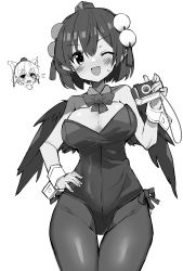 Rule 34 | 2girls, ;d, absurdres, animal ears, bare shoulders, bird wings, blush, breasts, camera, cleavage, collarbone, cowboy shot, detached collar, greyscale, hand on own hip, hand up, hat, highres, holding, holding camera, inubashiri momiji, large breasts, leotard, looking at viewer, monochrome, multiple girls, nontraditional playboy bunny, one eye closed, open mouth, playboy bunny, sakaki (utigi), shameimaru aya, short hair, simple background, smile, sweat, tokin hat, touhou, white background, wings, wolf ears, wrist cuffs