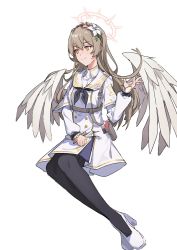 Rule 34 | 1girl, angel wings, black neckerchief, blue archive, chest harness, dress, feathered wings, flower, full body, gun, hair flower, hair ornament, halo, handgun, harness, high heels, highres, holster, holstered, ken rqll, light brown hair, long hair, looking to the side, low wings, nagisa (blue archive), neckerchief, sailor collar, simple background, solo, weapon, white background, white dress, white flower, white footwear, white sailor collar, wings, yellow eyes