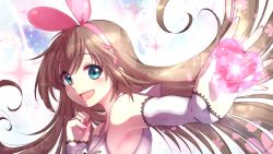 Rule 34 | 1girl, :d, armpits, blush, bow, brown hair, detached sleeves, hair bow, highres, kizuna ai, kizuna ai inc., long hair, looking at viewer, open mouth, outstretched arm, pink bow, ro (igris-geo), smile, solo, upper body, very long hair, virtual youtuber