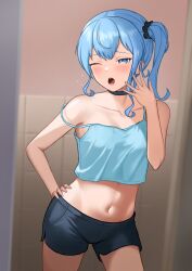 Rule 34 | 1girl, absurdres, bare shoulders, black shorts, blue camisole, blue choker, blue eyes, blue hair, blush, breasts, camisole, choker, cleavage, collarbone, diptip, hair between eyes, hair ribbon, highres, hololive, hoshimachi suisei, looking at viewer, medium breasts, navel, one eye closed, one side up, open mouth, ribbon, shorts, solo, star (symbol), star in eye, symbol in eye, virtual youtuber