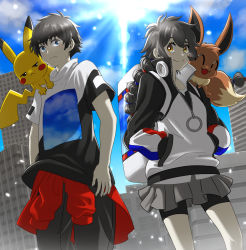 Rule 34 | 1boy, 1girl, ^ ^, bike shorts, black hair, brown eyes, building, closed eyes, closed mouth, clothes around waist, cloud, commentary request, creatures (company), day, eevee, from below, game freak, gen 1 pokemon, gotcha!, gotcha! boy (pokemon), gotcha! girl (pokemon), grey skirt, hands in pockets, highres, jacket, knees, lens flare, long hair, multi-tied hair, nintendo, on shoulder, outdoors, pants, pikachu, pokemon, pokemon (creature), pokemon on shoulder, ria (mari1101), shirt, short hair, short sleeves, skirt, sky, smile, sun, zipper