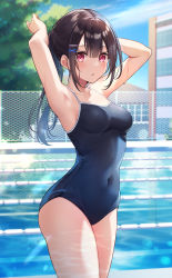 Rule 34 | 1girl, absurdres, armpits, arms behind head, arms up, bare arms, bare shoulders, black hair, black one-piece swimsuit, blue one-piece swimsuit, breasts, collarbone, colored eyelashes, covered navel, day, hair between eyes, hair ornament, hairclip, highres, kisaragi yuri, long hair, looking at viewer, medium breasts, one-piece swimsuit, original, outdoors, parted lips, ponytail, pool, red eyes, school swimsuit, sidelocks, solo, spaghetti strap, swimsuit, thighs, wet, x hair ornament