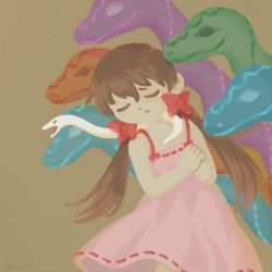 Rule 34 | 1girl, animal, animal on shoulder, bow, brown background, brown hair, closed eyes, closed mouth, commentary request, cowboy shot, dress, facing viewer, frown, hair bow, hands up, highres, leaning to the side, long hair, low twintails, makitsuki, multiple hair bows, niwasakino daei, own hands clasped, own hands together, pink dress, red bow, simple background, sleeveless, sleeveless dress, snake, solo, spaghetti strap, tearing up, twintails, white snake, yume tagai