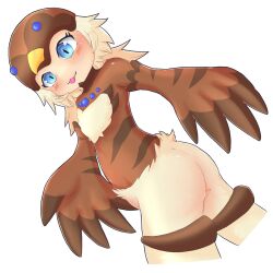 Rule 34 | 1girl, :3, ass, bird hat, blonde hair, blue eyes, blush, brown wings, commentary request, covered navel, duel monster, feather fingers, harpy, highres, long hair, looking at viewer, lyrilusc - cobalt sparrow, monster girl, simple background, solo, suzuki (pixiv 94103823), tongue, tongue out, white background, winged arms, wings, yu-gi-oh!
