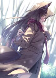 Rule 34 | 1girl, :d, animal ear fluff, animal ears, black skirt, black thighhighs, brown coat, brown hair, can, coat, commission, fox ears, fox girl, fox tail, green eyes, highres, long hair, long sleeves, looking at viewer, miniskirt, open mouth, original, pleated skirt, red scarf, scarf, shiro youduki, skeb commission, skirt, smile, tail, thighhighs