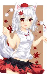 Rule 34 | 1girl, animal ears, bare arms, blush, breasts, fang, hair ornament, hand up, hat, inubashiri momiji, leaf, leaf hair ornament, leaf print, looking at viewer, maple leaf, midriff, mikage000, mikagemaru (mikage000), open mouth, pom pom (clothes), red eyes, shirt, short hair, sideboob, skirt, sleeveless, sleeveless shirt, small breasts, solo, tail, tan background, tokin hat, touhou, white hair, wolf ears, wolf tail