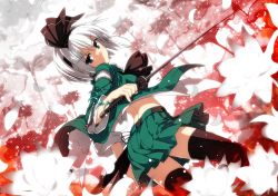 Rule 34 | 1girl, adapted costume, arched back, back, black thighhighs, blue eyes, contemporary, dutch angle, female focus, from behind, frown, ghost, green skirt, hairband, head tilt, highres, holding, katana, konpaku youmu, looking at viewer, looking back, magatama, midriff, petals, pleated skirt, red background, sazanami mio, short hair, skirt, solo, sword, thighhighs, touhou, wallpaper, weapon, white hair, zettai ryouiki, zipper