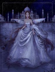 Rule 34 | 1girl, artist name, brown hair, castle, collarbone, dadachyo, dress, fairy wings, floral print, framed, grey eyes, highres, holding, holding clothes, holding dress, long hair, looking at viewer, original, realistic, red lips, sky, solo, sparkle, star (sky), starry sky, transparent wings, very long hair, wings