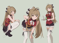 Rule 34 | 08191224k, 1girl, aiguillette, amagi brilliant park, antenna hair, black skirt, boots, bow, breasts, brown eyes, brown footwear, brown hair, can, cup, drinking straw, female focus, full body, grey background, hair bow, highres, holding, holding tray, large breasts, long hair, looking at viewer, miniskirt, multiple views, pleated skirt, ponytail, sento isuzu, simple background, skirt, sleeveless, squatting, thighhighs, tray, white bow, white thighhighs