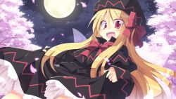 Rule 34 | 1girl, :d, blonde hair, bow, cherry blossoms, dress, full moon, hair bow, hat, lily black, lily white, long hair, looking at viewer, moon, night, night sky, open mouth, petals, petticoat, red eyes, satou kibi, sky, smile, solo, touhou
