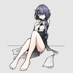 Rule 34 | 1girl, arknights, artist name, bare legs, bare shoulders, barefoot, black choker, breasts, choker, closed mouth, collared dress, detached sleeves, dress, eyepatch, hair ornament, highres, long hair, looking to the side, medical eyepatch, medium breasts, neonfloyd, purple eyes, purple hair, sitting, solo, whisperain (arknights), white background, x hair ornament