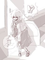 Rule 34 | !?, 1girl, @ @, blush, bobby socks, door, faucet, female focus, flat chest, full body, half-closed eyes, hand up, have to pee, indoors, japanese text, knees together feet apart, leaning forward, long sleeves, mary janes, measuring cup, medium hair, monochrome, mopo, neckerchief, nose blush, original, peeing, peeing self, pleated skirt, sailor collar, seat, shirt, shoes, sidelocks, sketch, skirt, socks, solo, speech bubble, standing, sweat, thought bubble, train interior, translation request, urine meter, window