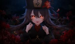 Rule 34 | 1girl, :p, black hat, black nails, brown hair, chinese clothes, flower, flower-shaped pupils, genshin impact, hat, hat flower, highres, hu tao (genshin impact), jewelry, long hair, looking at viewer, nail polish, nemui iro7, red eyes, ring, smile, solo, symbol-shaped pupils, tongue, tongue out, upper body