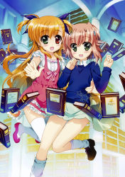 Rule 34 | 10s, 2girls, :d, absurdres, arm around waist, bare shoulders, blue ribbon, book, bookshelf, bow, brown footwear, buttons, ceiling, clenched hands, collared shirt, cross-laced clothes, cross-laced footwear, dress, eyebrows, flat chest, flipped hair, floating, floating book, floating object, frilled dress, frills, fujima takuya, full body, green eyes, hair ornament, hair ribbon, hairclip, hands up, happy, heterochromia, high heels, highres, hug, huge filesize, indoors, kneehighs, leg lift, legs together, library, loafers, long hair, long sleeves, looking at viewer, lyrical nanoha, mahou shoujo lyrical nanoha vivid, miura rinaldi, multiple girls, off shoulder, official art, open mouth, orange hair, pillar, pink bow, pink dress, pink footwear, pink hair, pom pom (clothes), red eyes, ribbon, scan, shirt, shoes, short dress, short hair, short sleeves, sidelocks, skirt, smile, socks, star (symbol), star print, sweater, thigh gap, thighhighs, two side up, very long hair, vivio, white legwear, wind, wind lift