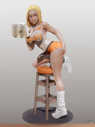 Rule 34 | 1girl, 3d, :q, alcohol, bad id, bad pixiv id, bar stool, bare shoulders, beer, beer mug, blonde hair, blue eyes, borrowed character, breasts, butcha-u, cup, dark-skinned female, dark skin, delightfully fuckable and unrefined!!, full body, gradient background, grey background, hand on own ass, highres, hooters, large breasts, leslyzerosix, long hair, looking at viewer, loose socks, mari (delightfully fuckable and unrefined!!), mug, name tag, orange shorts, original, shirt, short shorts, shorts, simple background, sleeveless, sleeveless shirt, smile, socks, solo, stool, tongue, tongue out, uniform, white footwear, white shirt, white socks