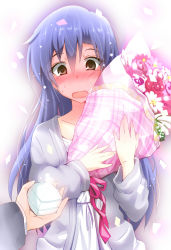 Rule 34 | 1girl, blue hair, blush, bouquet, brown eyes, flower, highres, idolmaster, idolmaster (classic), jewelry, kisaragi chihaya, long hair, namco, natsu (anta tte hitoha), open mouth, outstretched arm, ring, solo, sweatdrop, wavy mouth