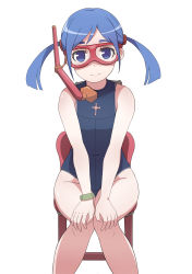 Rule 34 | 1girl, absurdres, bad id, bad pixiv id, bare legs, bare shoulders, blue eyes, blue hair, blue one-piece swimsuit, bracelet, casual one-piece swimsuit, chair, closed mouth, covered navel, diving mask, goggles, groin, hands on own knees, head tilt, highres, jewelry, looking at viewer, one-piece swimsuit, original, sidelocks, simple background, sitting, snorkel, solo, surio, swimsuit, twintails, v arms, white background